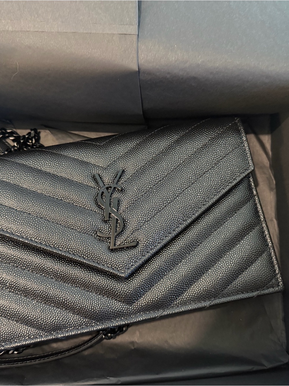 Saint Laurent Black Leather YSL Chain Clutch
